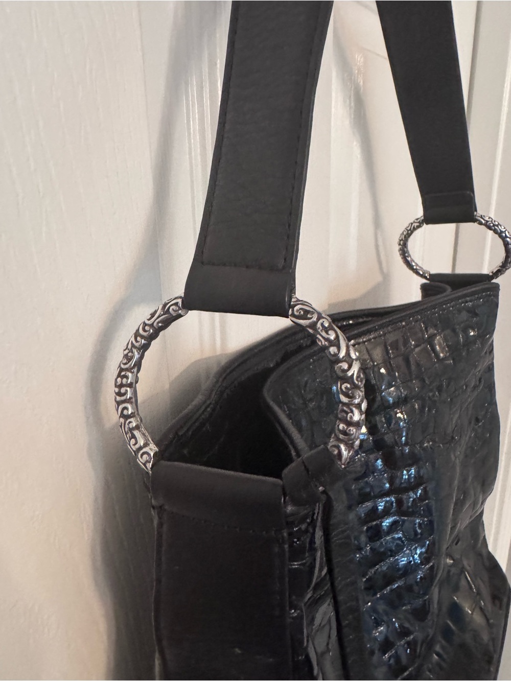 Black Patent Croc-Embossed Shoulder Bag - Picture 3 of 9